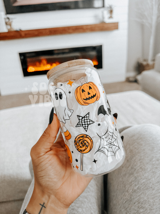 Checkered Halloween Cup | 16 oz glass cup