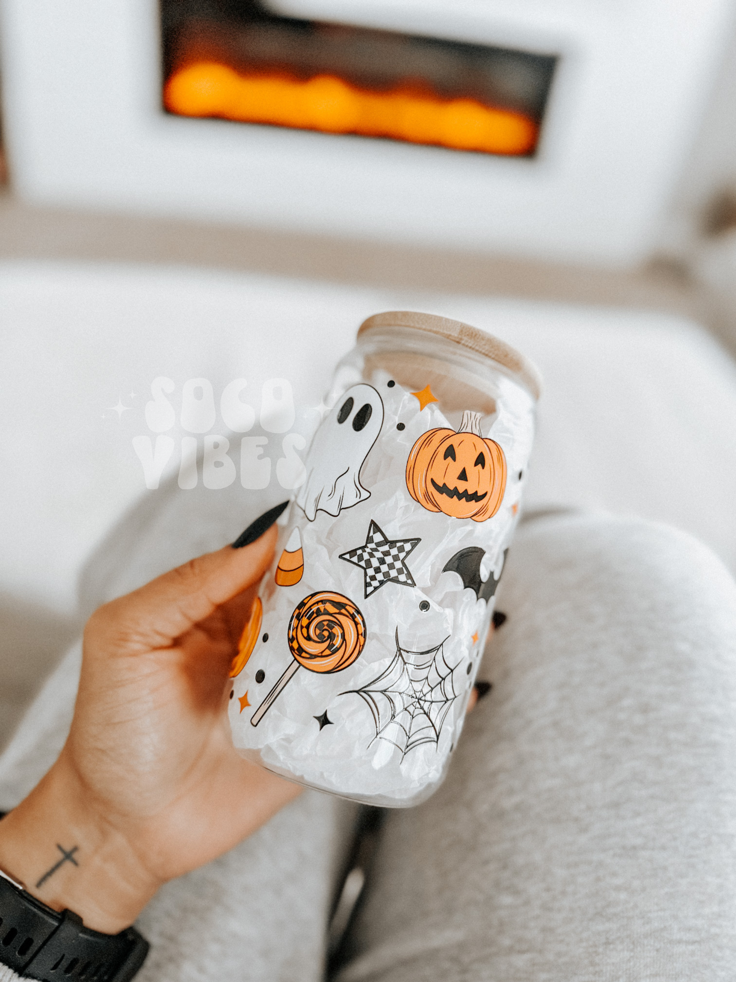 Checkered Halloween Cup | 16 oz glass cup