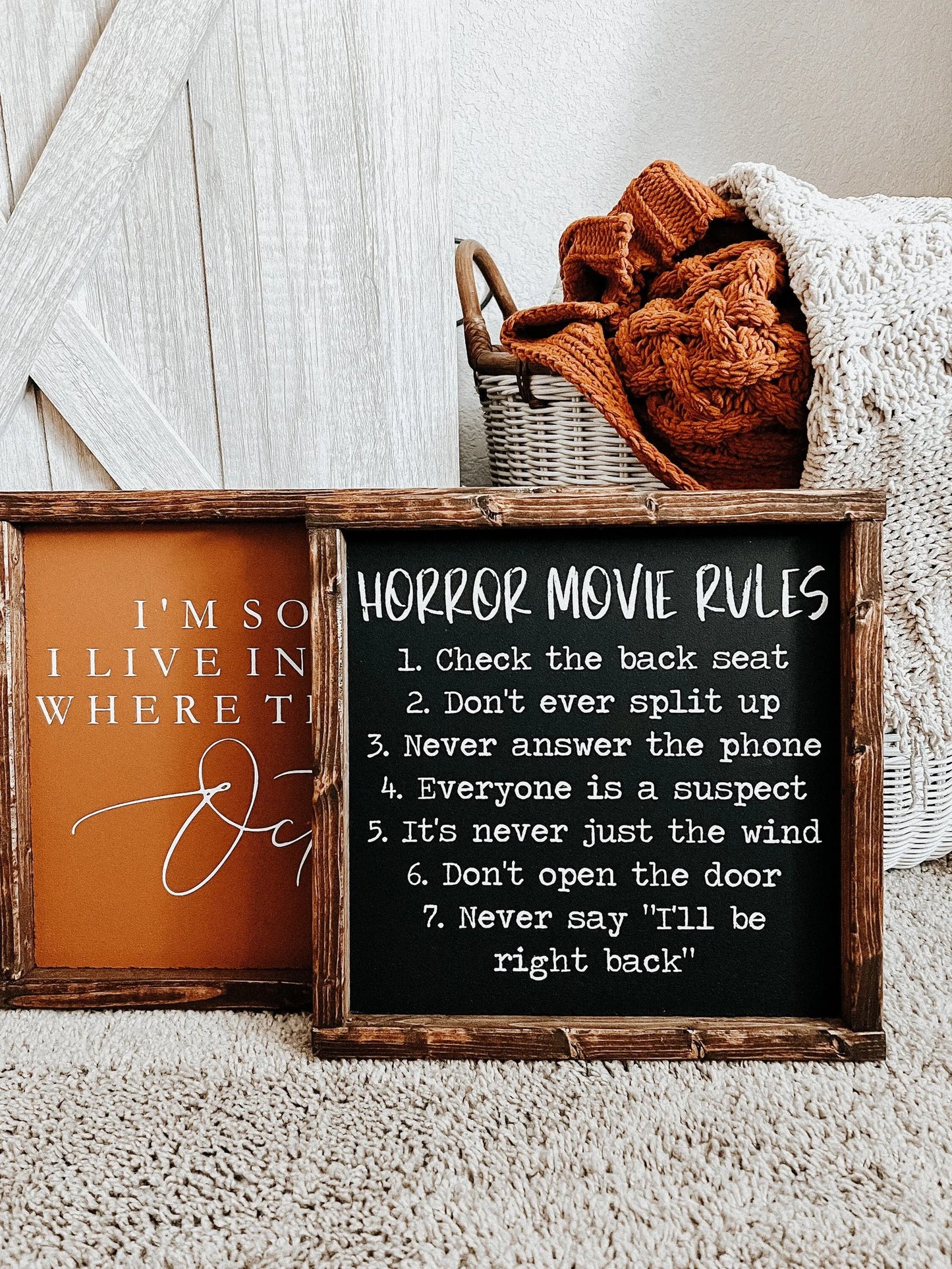 Horror movie rules wood sign