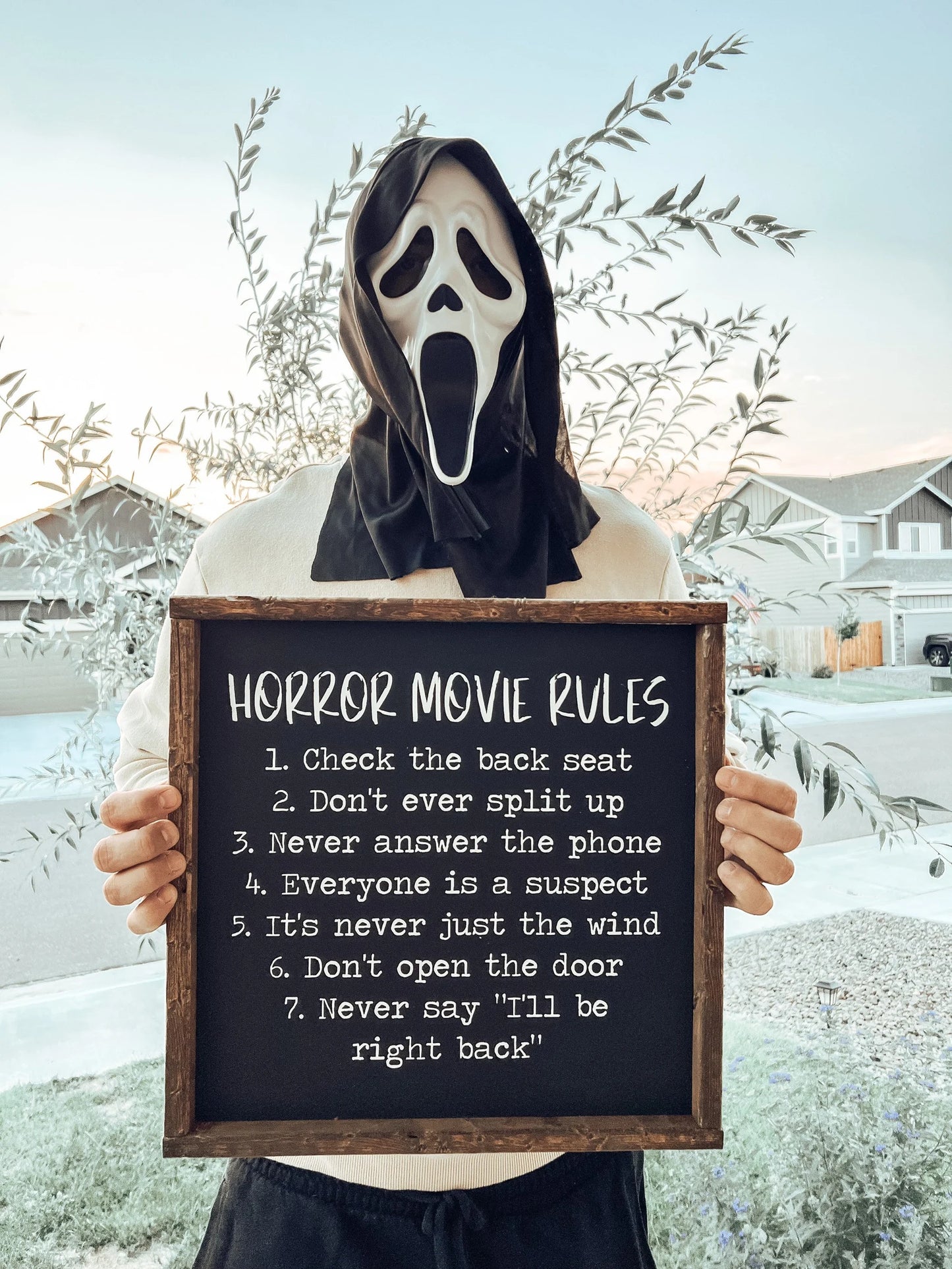 Horror movie rules wood sign